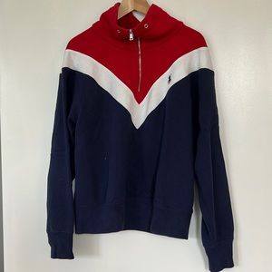 Polo Ralph Lauren sweatshirt. Red, white, and blue. Size M. Missing drawstring.